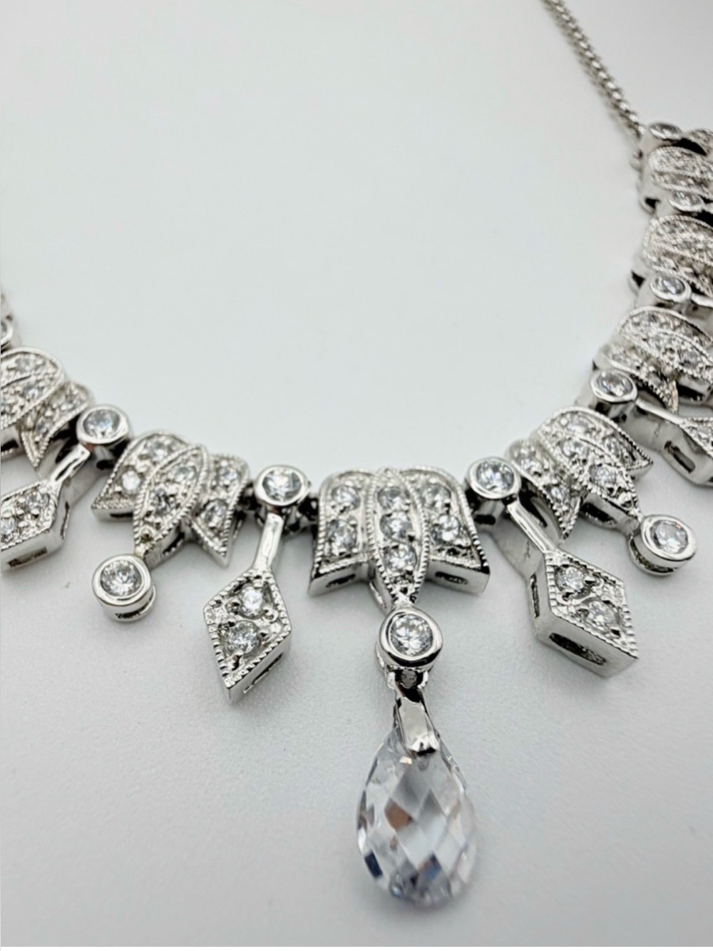 Genuine 925 Sterling Silver Crystal Chandelier Statement Necklace